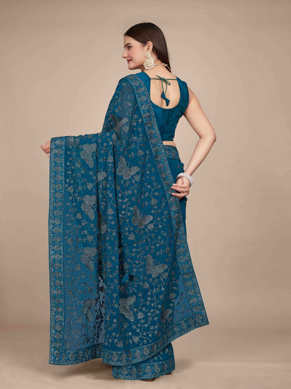 MANOHARI Georgette Embroidered Work Saree - Blue
