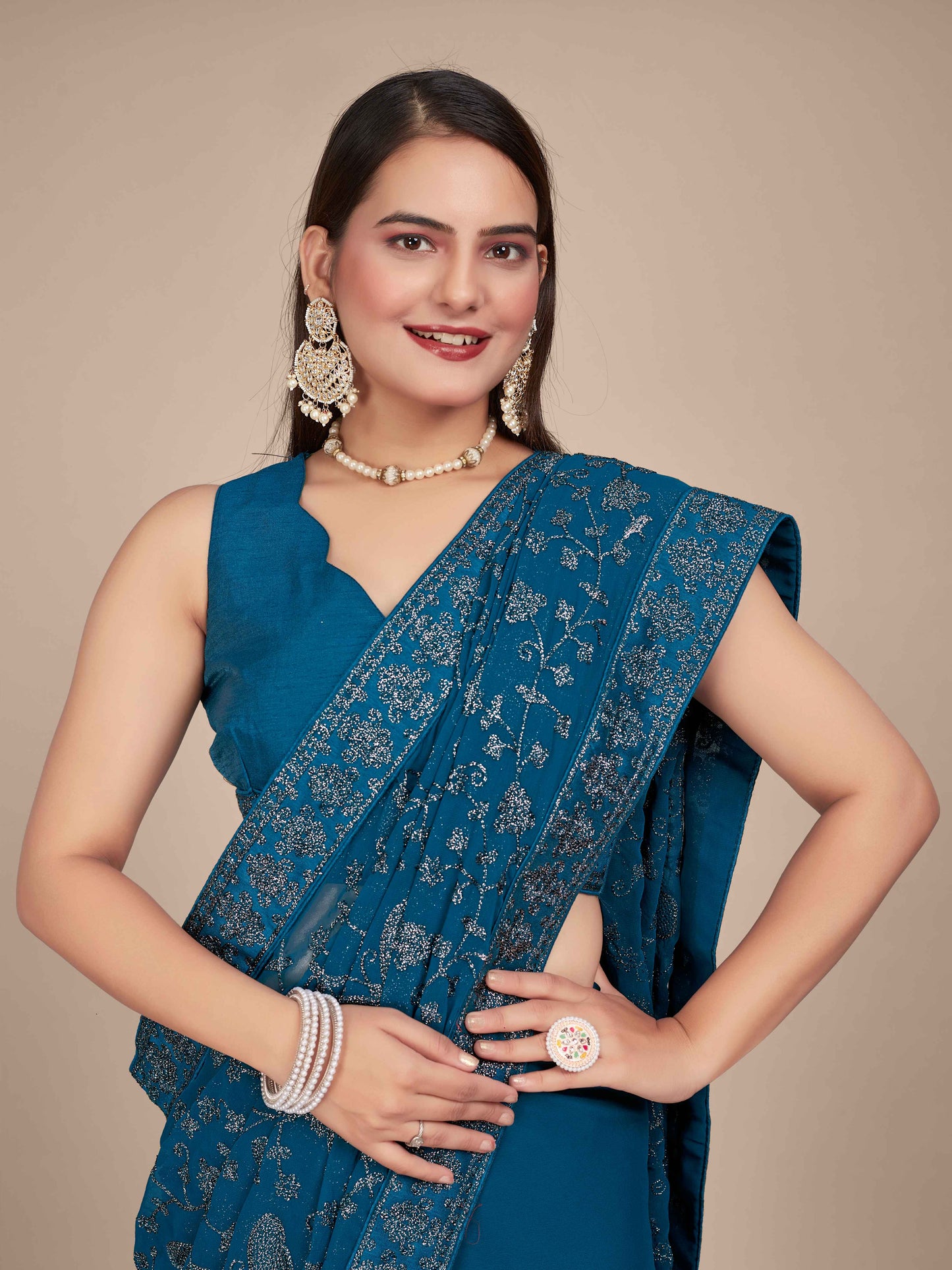 MANOHARI Georgette Embroidered Work Saree - Blue