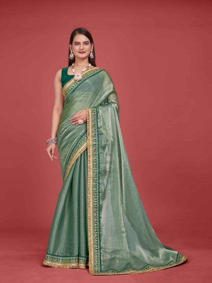 MANOHARI Zimmy Choo Lace Border Work Saree - Green
