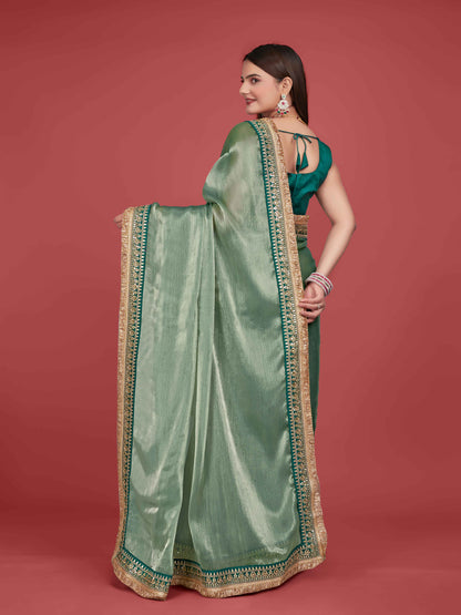 MANOHARI Zimmy Choo Lace Border Work Saree - Green
