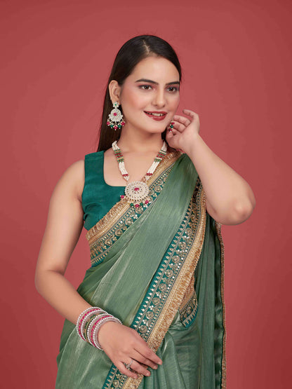 MANOHARI Zimmy Choo Lace Border Work Saree - Green