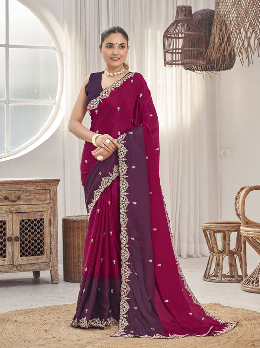 MANOHARI Georgette Embroidered Work Saree - Red