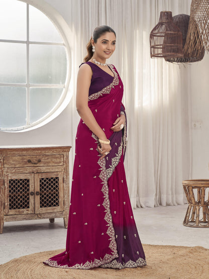 MANOHARI Georgette Embroidered Work Saree - Red