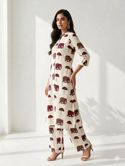 Teeya Creation Women New Trendy Off-White & Maroon Red Elephant Print Cotton Kurta with Palazzos
