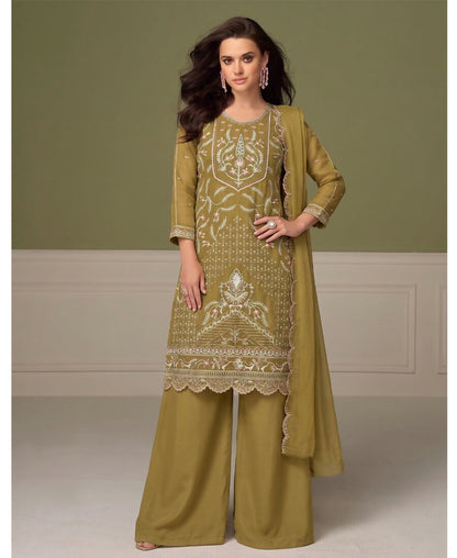 KC Beautiful Mustard Chiffon Silk Hand Embroidery Suit For Women