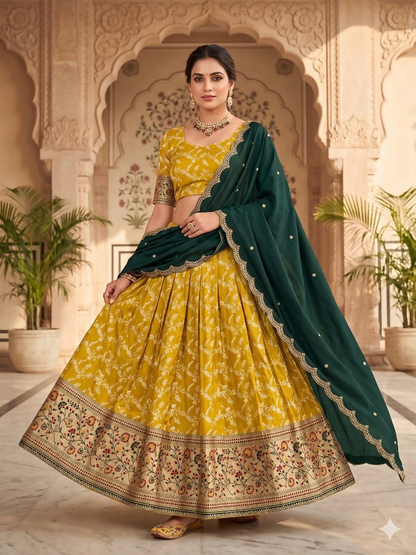 Teeya Creation Traditional Mustard Lehenga Choli Set with Festive Dark Green Embroidered Dupatta
