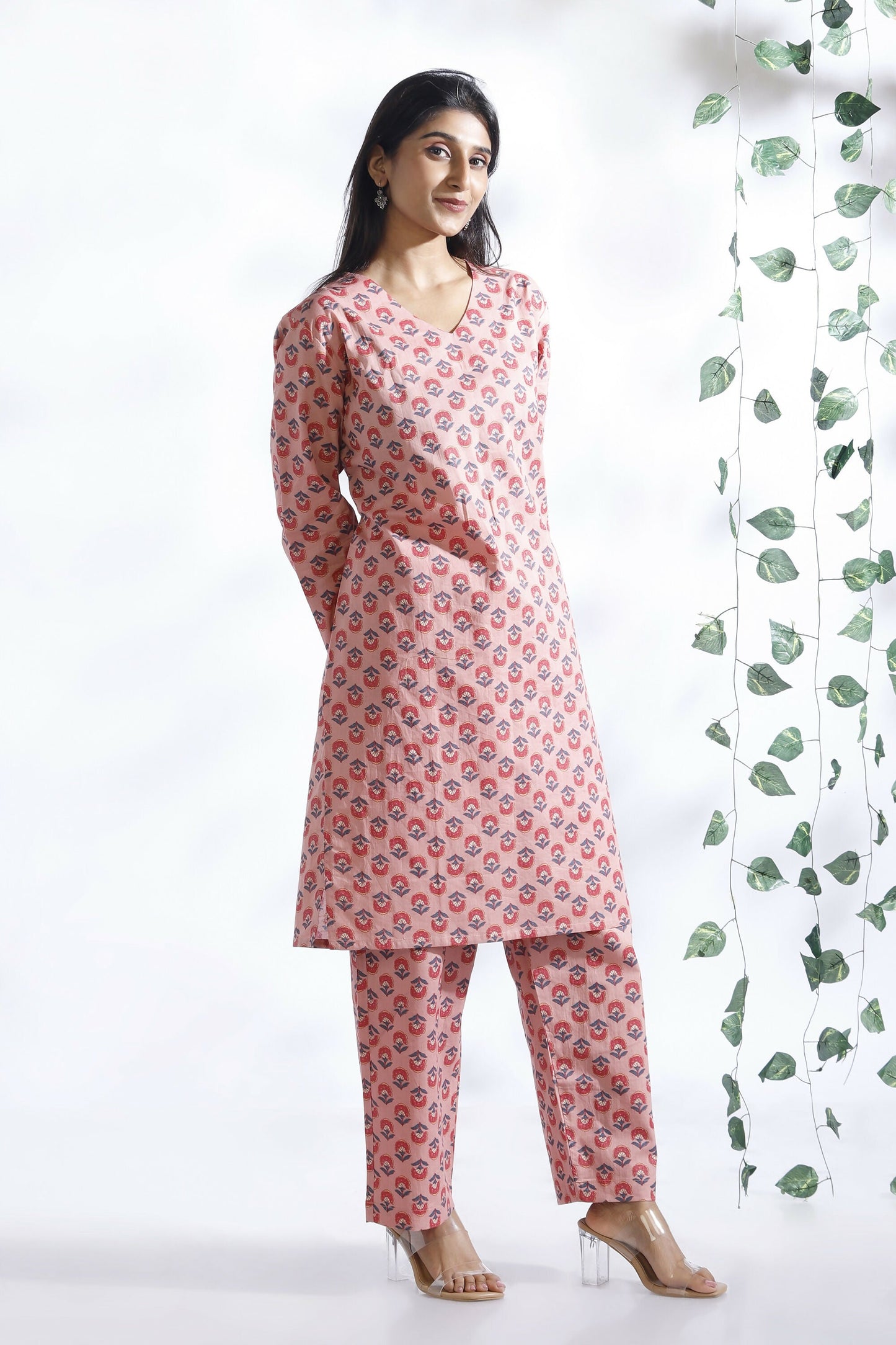 Breathables WomenS Loungewear Long Kurta Co-Ord Set Cotton Pink Indian Motif Butta Print