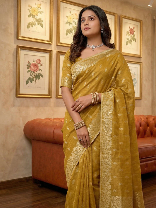 Anaita Mustard Woven Tissue Silk Saree With Blouse