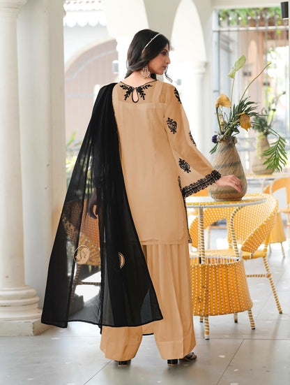 Nikhaar Light Brown Embroidered Organza Stitched Straight Cut Kurta Farshi Salwar Dupatta Readymade Suit