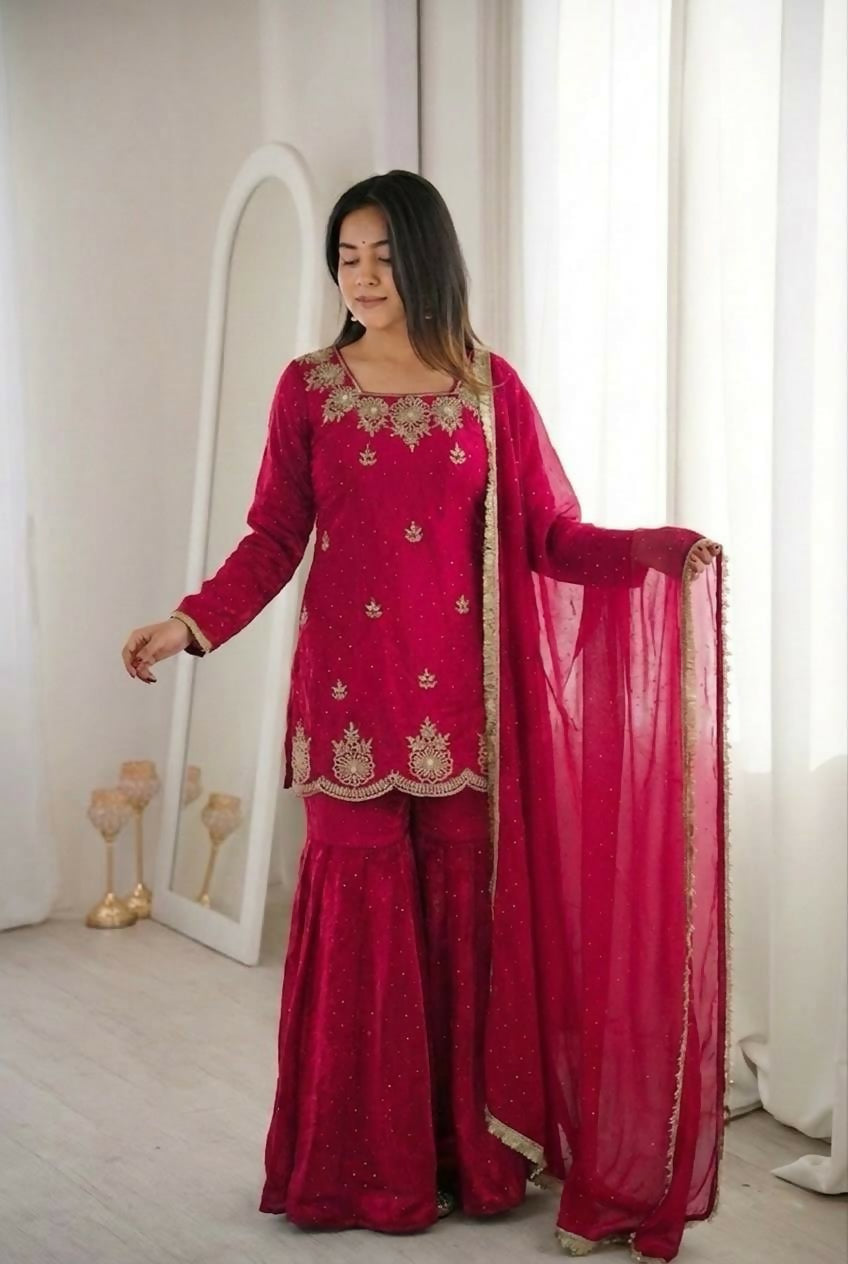 Teeya Creation Womens New Fancy Embroidery Sequence Work With Zarkan Diamond Work Pink Kurta Set
