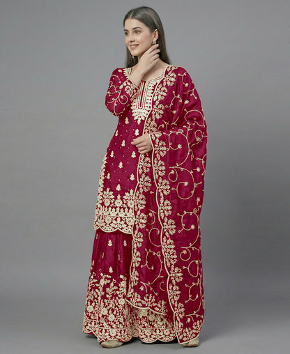 Teeya Creation Womens New Trendy Pure Gmy Silk With Heavy Embroidery Sequence Work Red Kurta Set