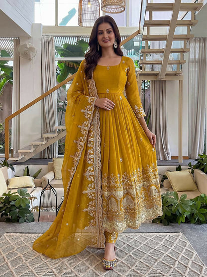 Teeya Creation New Trendy Stylish Wedding Wear Embroidered Anarkali Set - Yellow