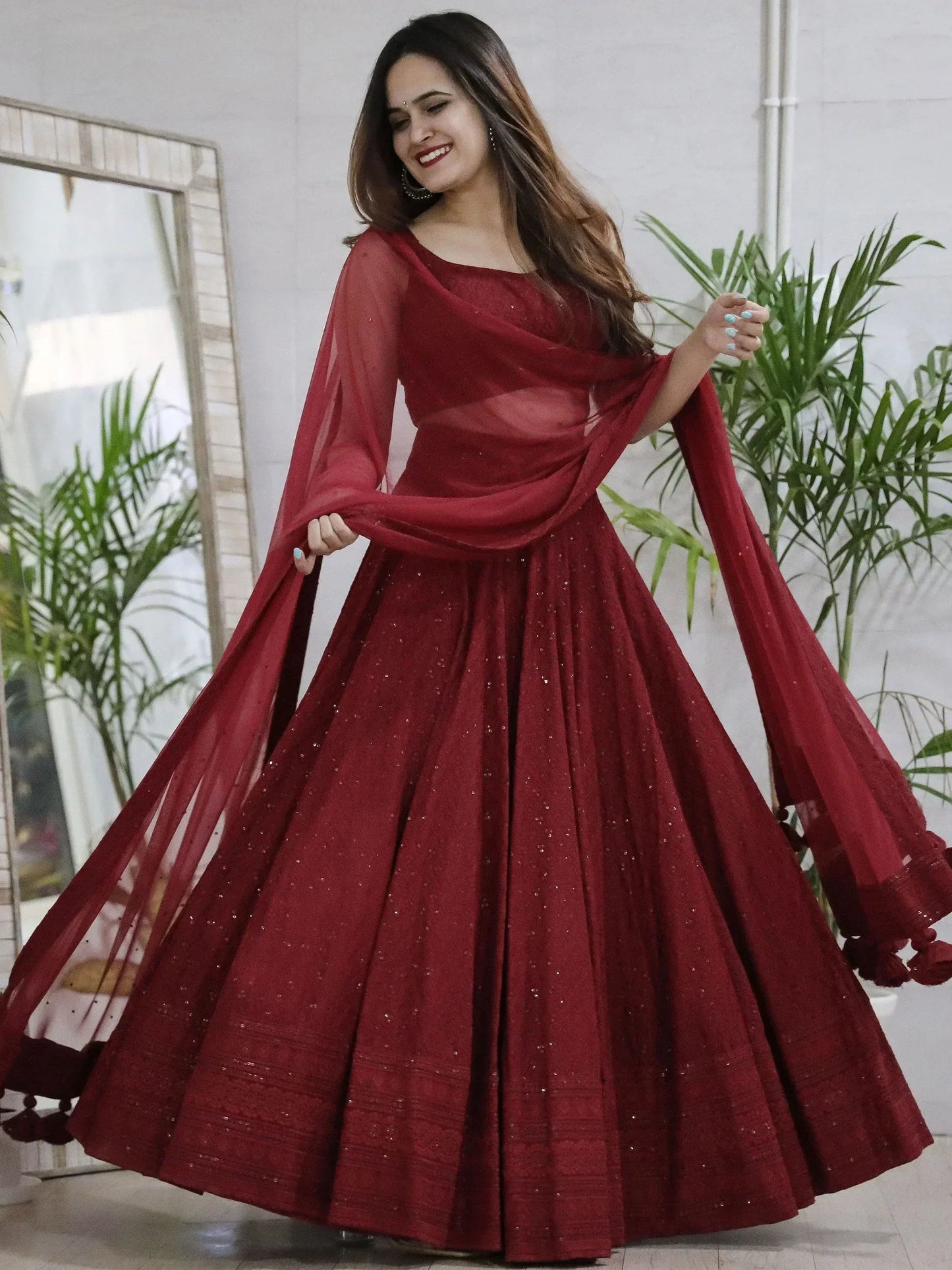 Tulsi Art Lovely Maroon Sequins Georgette Wedding Lehenga Choli With Dupatta