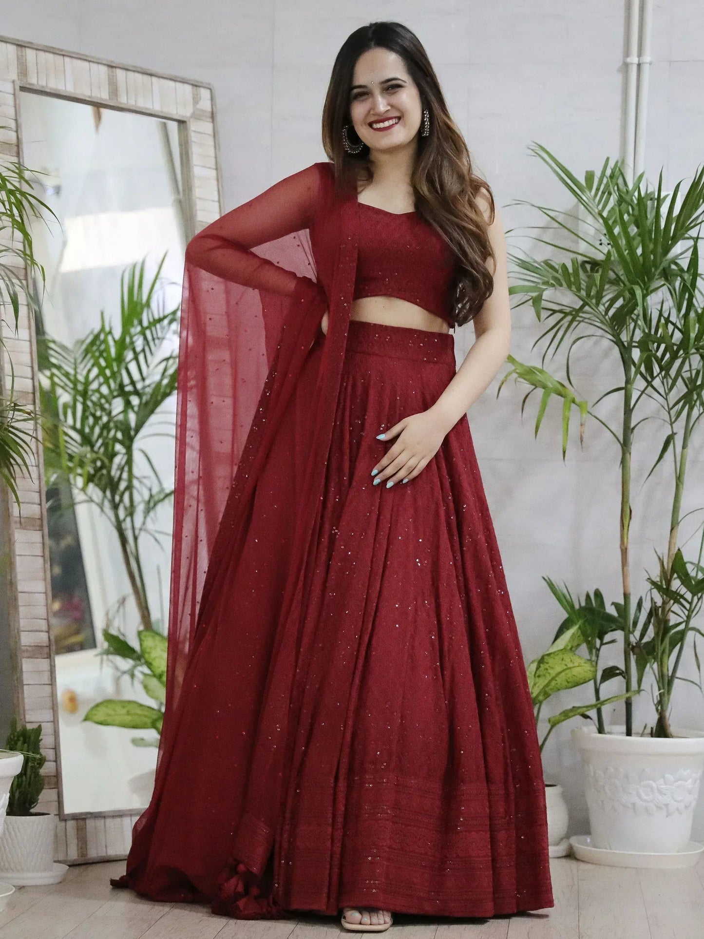Tulsi Art Lovely Maroon Sequins Georgette Wedding Lehenga Choli With Dupatta