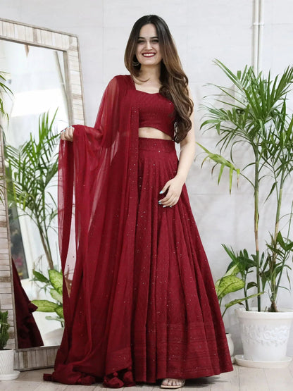 Tulsi Art Lovely Maroon Sequins Georgette Wedding Lehenga Choli With Dupatta