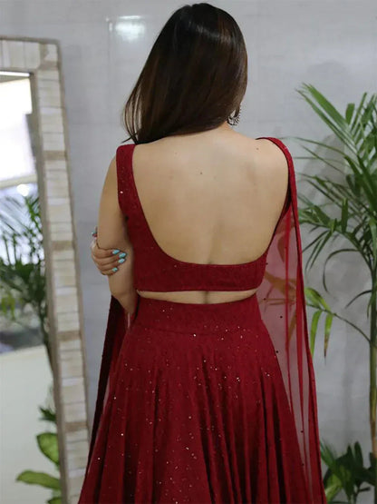 Tulsi Art Lovely Maroon Sequins Georgette Wedding Lehenga Choli With Dupatta