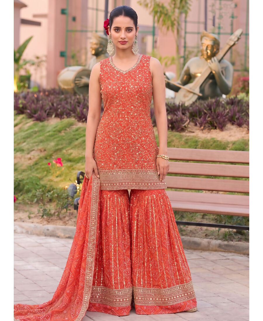 KC Orange Bandhani Printed Heavy Emrboidery Worked Sharara Suit Ethnic Wear