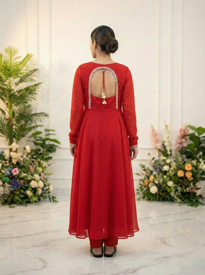 Teeya Creation Womens New Fancy Fox Georgette Heavy Quality Fabric With Handwork Red Gown Set