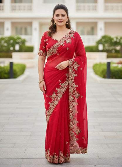 Teeya Creation New Trendy Party Wear Soft Silk Saree-Red