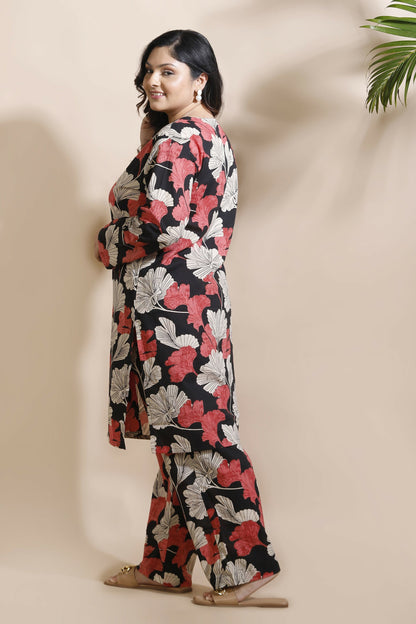Breathables Black Floral Print Cotton Long Kurta Co-Ord Set Cotton