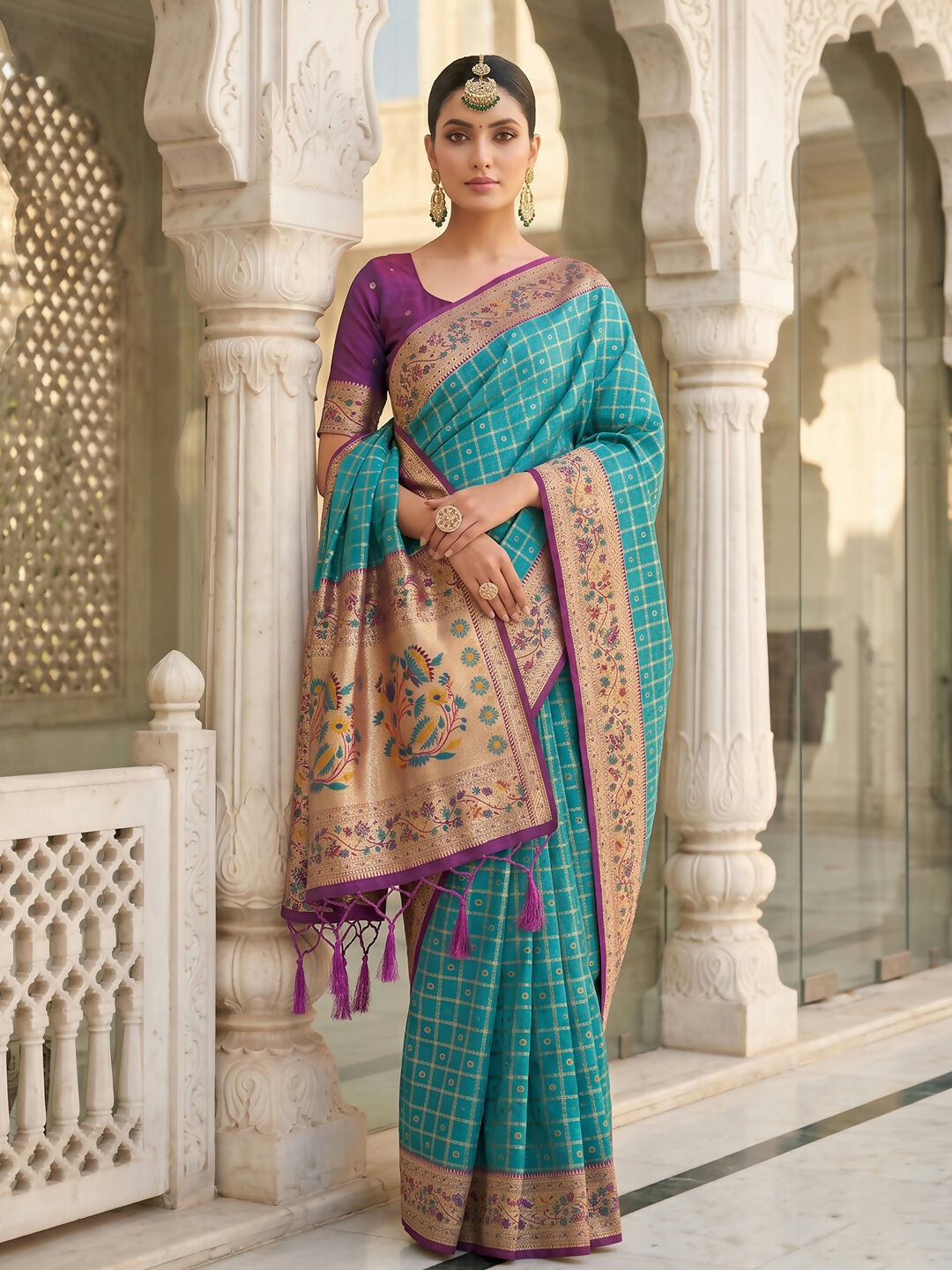 Shree Shyam Fashion Turquoise Banarasi Silk Blend Saree