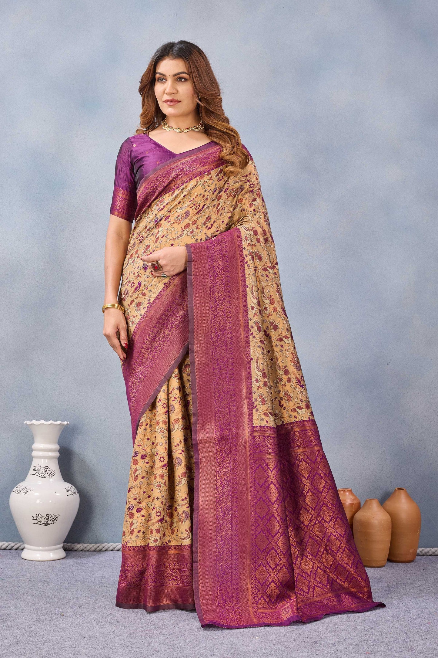 Divine International Trading Co Beige Wine Soft Silk Blend Banarasi Jacuard Work Designer Party Wear Saree With Unstitched Blouse Piece
