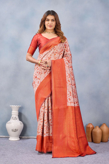 Divine International Trading Co Orange Soft Silk Blend Banarasi Jacuard Work Designer Party Wear Saree With Unstitched Blouse Piece