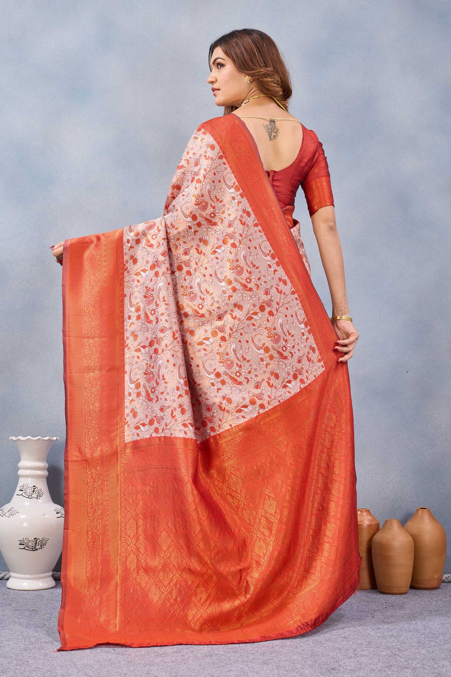 Divine International Trading Co Orange Soft Silk Blend Banarasi Jacuard Work Designer Party Wear Saree With Unstitched Blouse Piece