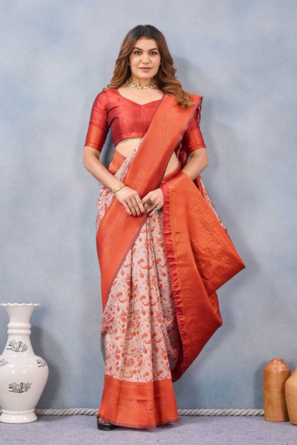 Divine International Trading Co Orange Soft Silk Blend Banarasi Jacuard Work Designer Party Wear Saree With Unstitched Blouse Piece