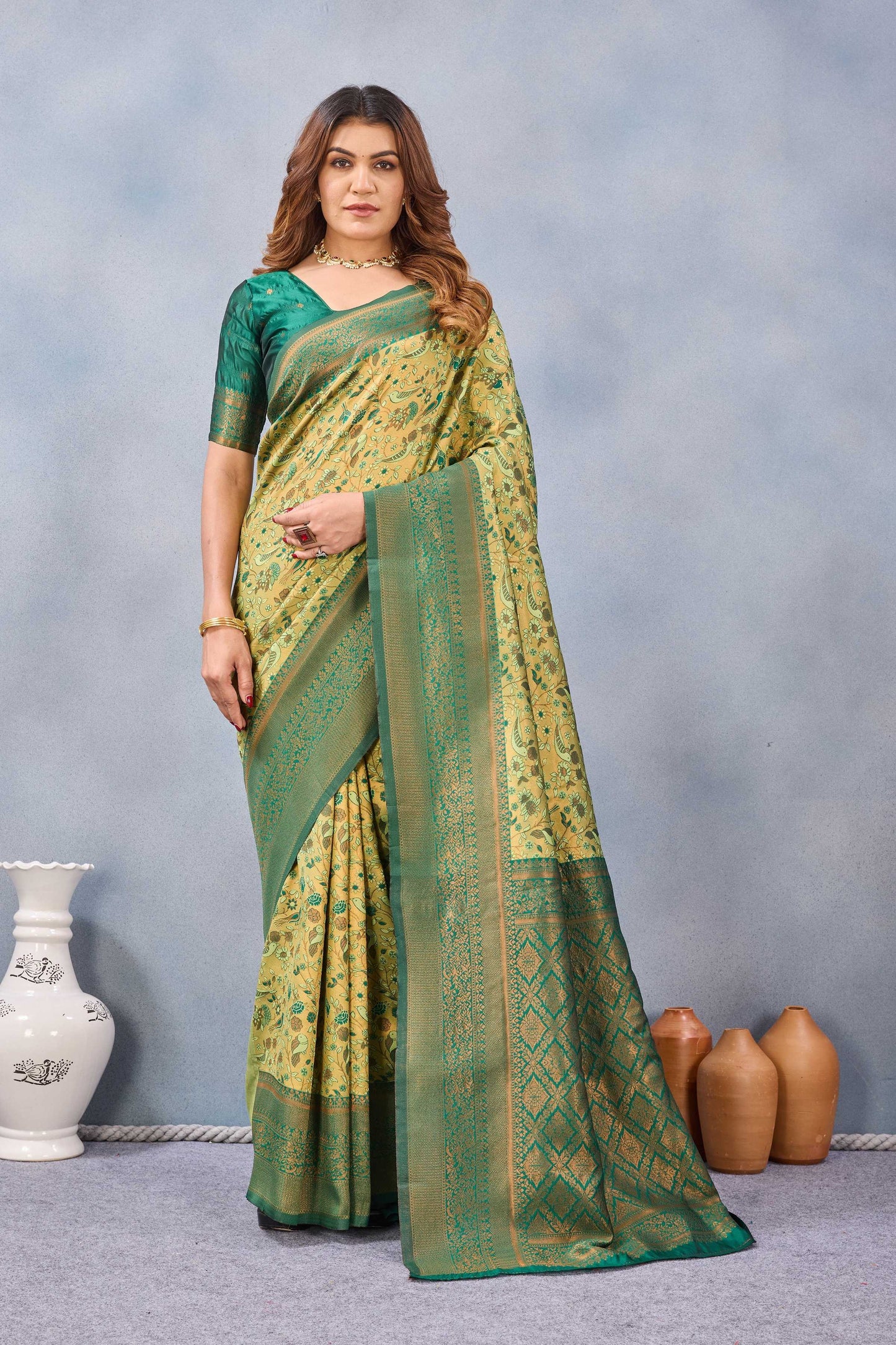 Divine International Trading Co Parrot Green Soft Silk Blend Banarasi Jacuard Work Designer Party Wear Saree With Unstitched Blouse Piece