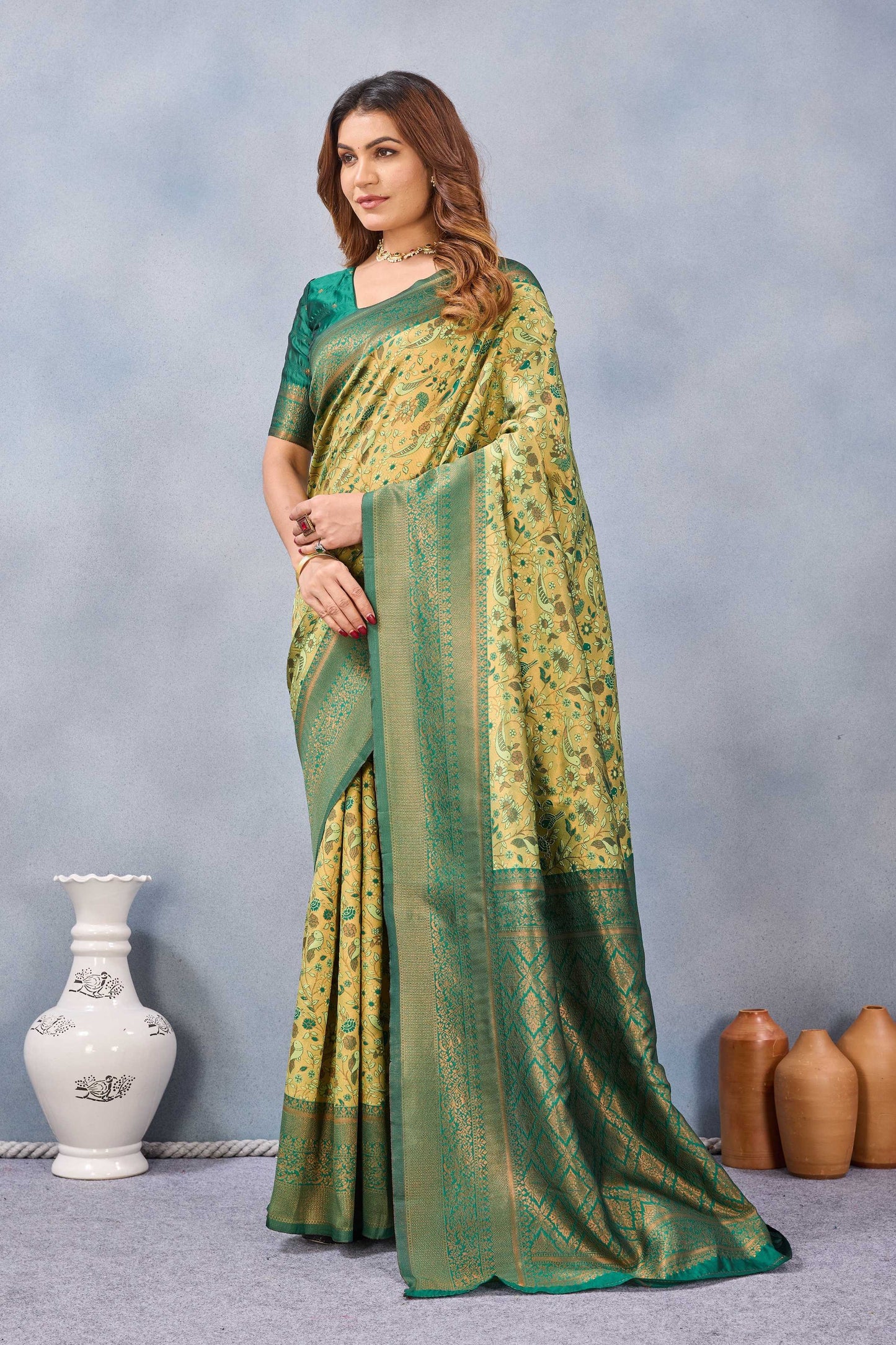 Divine International Trading Co Parrot Green Soft Silk Blend Banarasi Jacuard Work Designer Party Wear Saree With Unstitched Blouse Piece