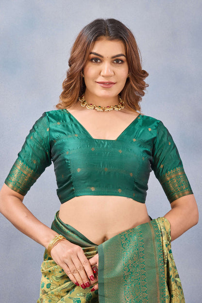Divine International Trading Co Parrot Green Soft Silk Blend Banarasi Jacuard Work Designer Party Wear Saree With Unstitched Blouse Piece