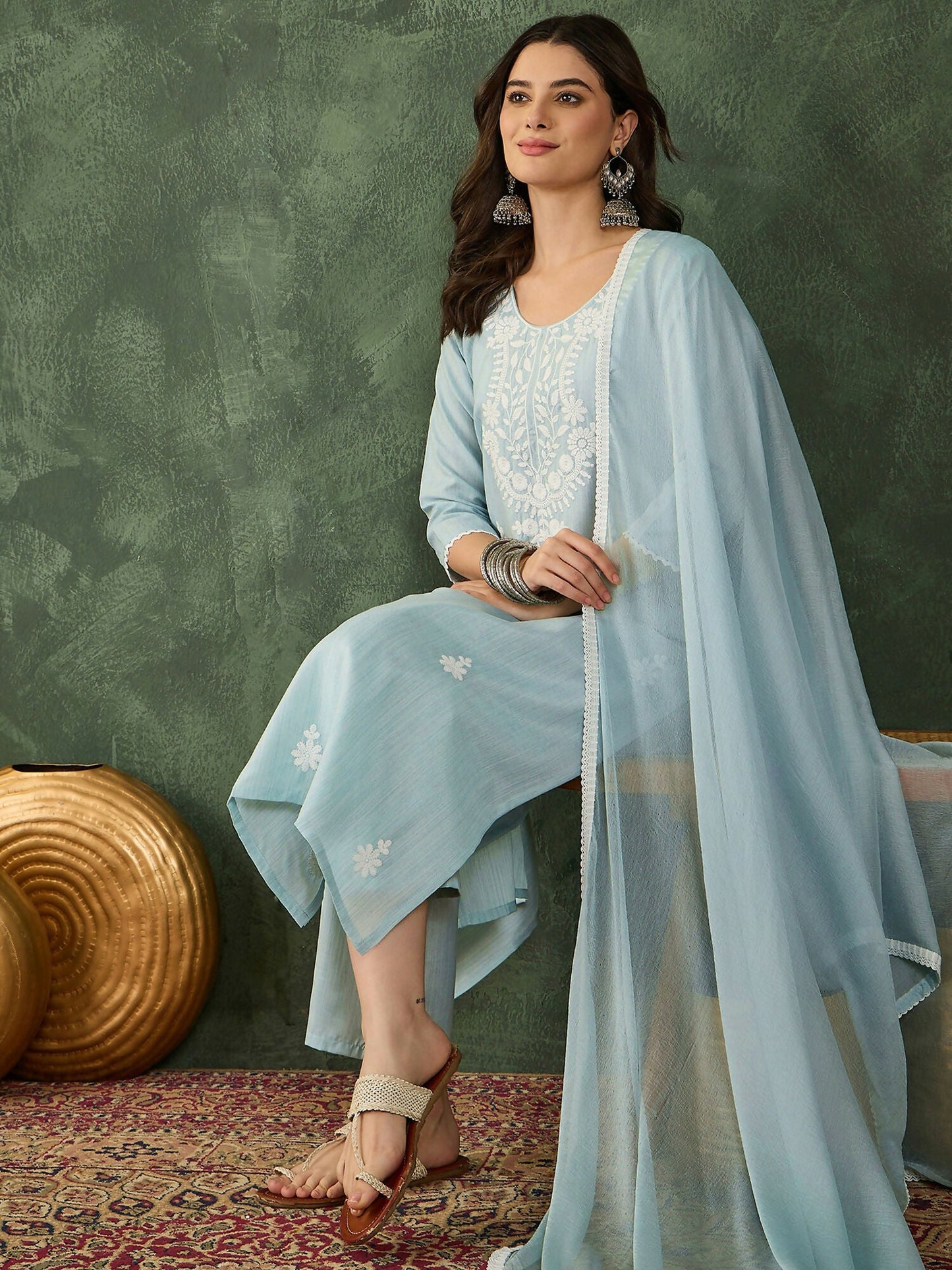 The52 Women's Beautiful Thread Work Cotton Blend Fabric Straight Kurta Pant and Dupatta Set-Sky