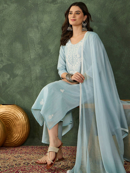 The52 Women's Beautiful Thread Work Cotton Blend Fabric Straight Kurta Pant and Dupatta Set-Sky
