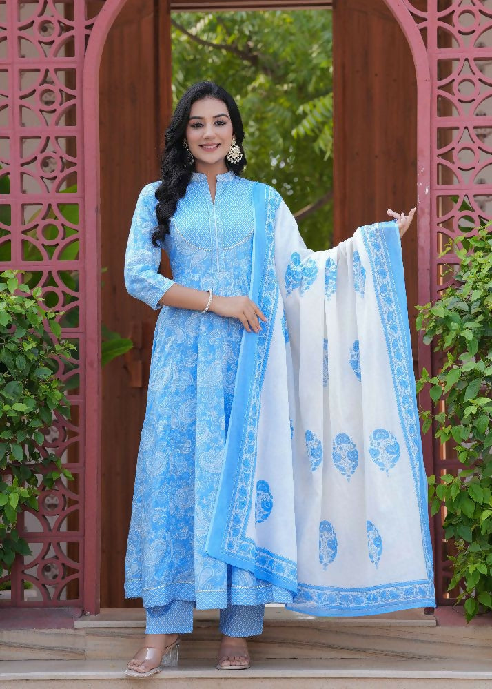 Jaimini Women Cotton Printed Mandarin Collar Neck Calf Length Flared Kurta Pant And Dupatta Set