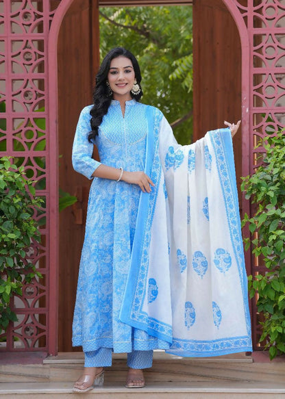 Jaimini Women Cotton Printed Mandarin Collar Neck Calf Length Flared Kurta Pant And Dupatta Set