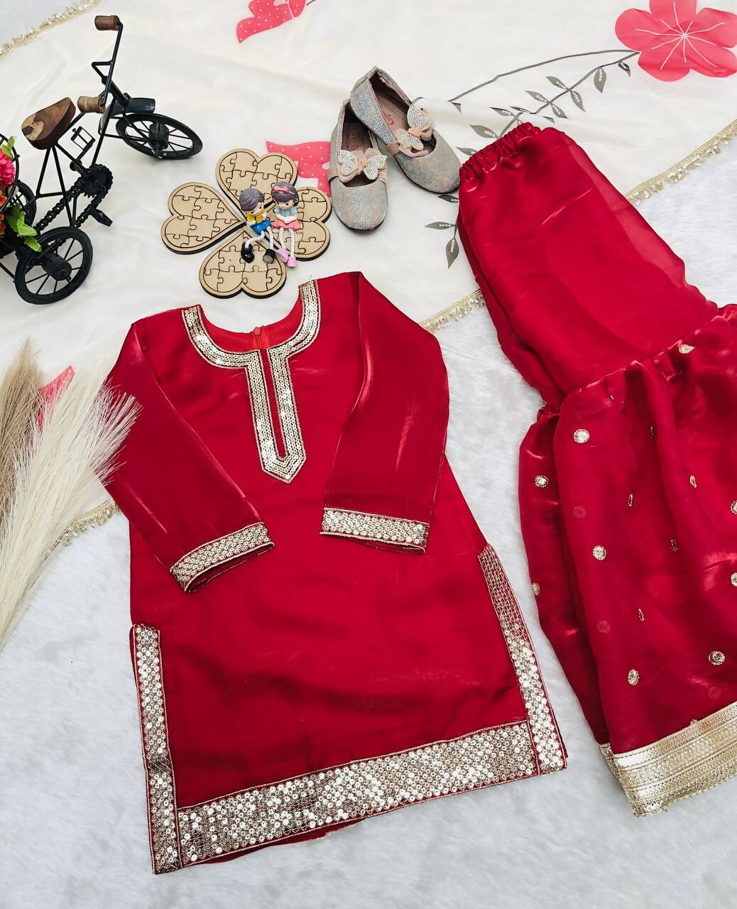 Teeya Creation New Kids Trendy Wedding Wear Traditional Kurta Sharara Set-Maroon