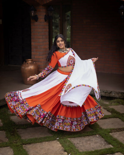 Yash Enterprise Orange White Rayon Cotton Embroidery Semi Stitched Navratri Top Chaniya Choli
