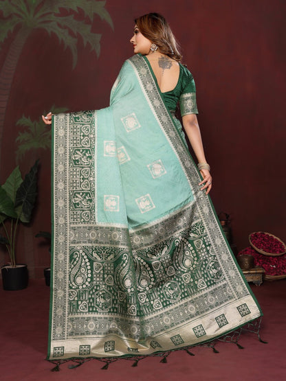 Anaita Mint Zari Butta Work Satin Silk Saree With Blouse