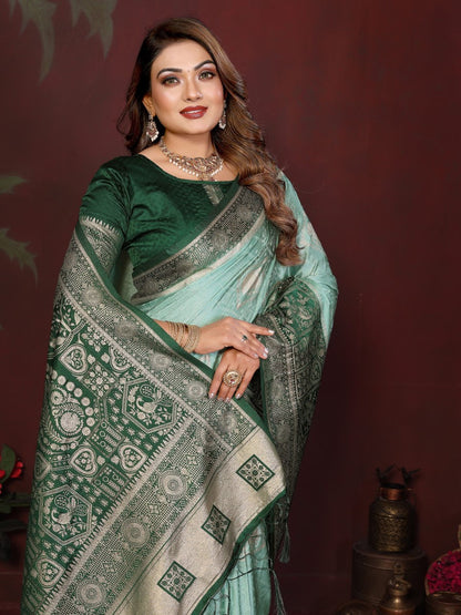 Anaita Mint Zari Butta Work Satin Silk Saree With Blouse