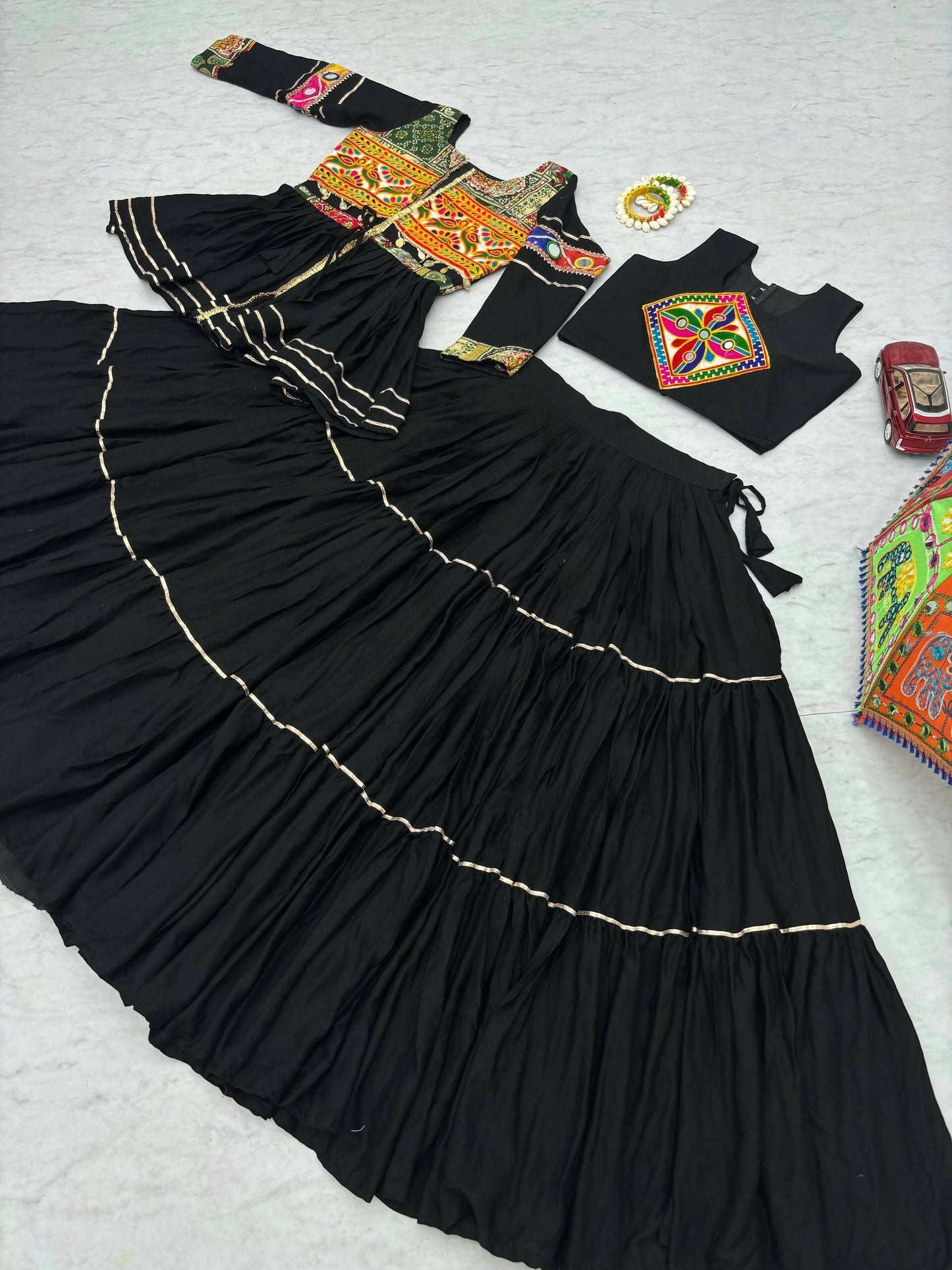 Teeya Creation Womens New Stylish Heavy Gamthi Work With Mirror Lace Work Black Gown Set