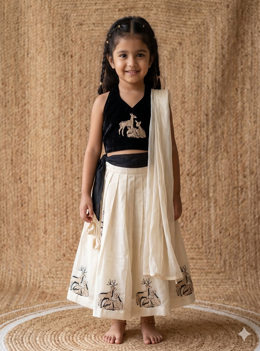 Teeya Creation New Latest Kids Off-White Silk Lehenga With Black Velvet Choli & Deer Embroidery Motif-Black