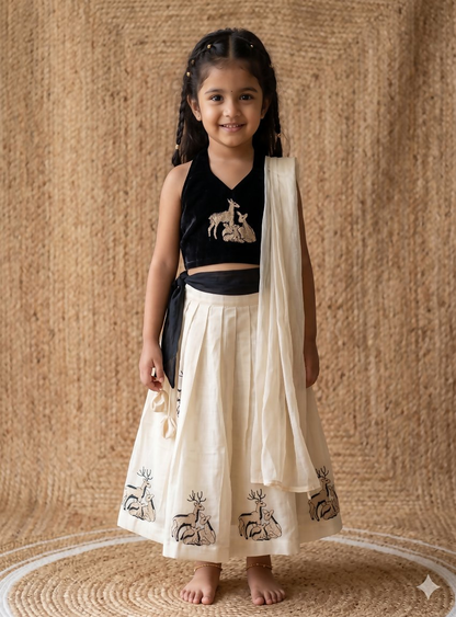Teeya Creation New Latest Kids Off-White Silk Lehenga With Black Velvet Choli & Deer Embroidery Motif-Black