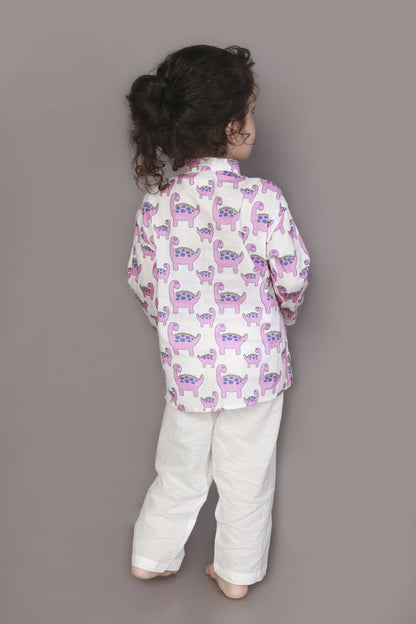 Breathables Kids Boys & Girls Cotton Night Suit  Purple Dinosaur Print Kurta & Pyjama Co-Ord Set
