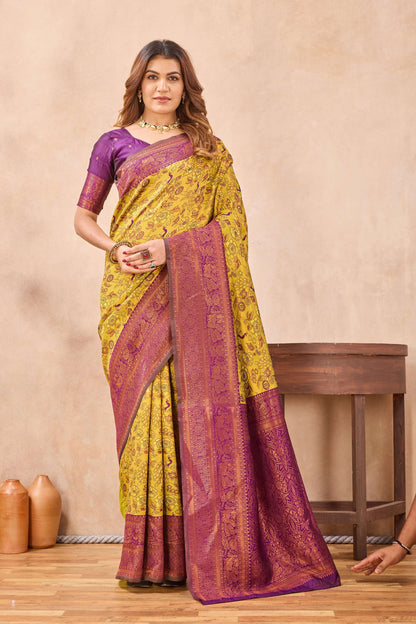 Divine International Trading Co Mustard Wine Soft Silk Blend Banarasi Jacuard Work Designer Party Wear Saree With Unstitched Blouse Piece