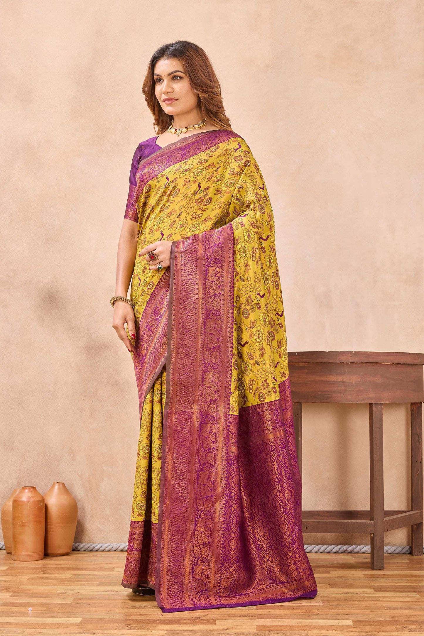 Divine International Trading Co Mustard Wine Soft Silk Blend Banarasi Jacuard Work Designer Party Wear Saree With Unstitched Blouse Piece