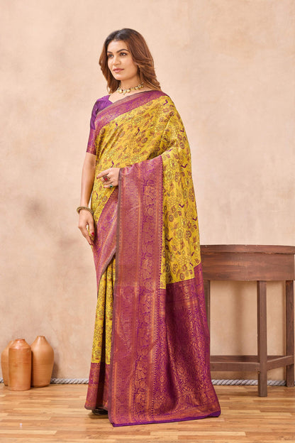 Divine International Trading Co Mustard Wine Soft Silk Blend Banarasi Jacuard Work Designer Party Wear Saree With Unstitched Blouse Piece