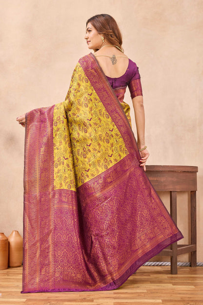 Divine International Trading Co Mustard Wine Soft Silk Blend Banarasi Jacuard Work Designer Party Wear Saree With Unstitched Blouse Piece