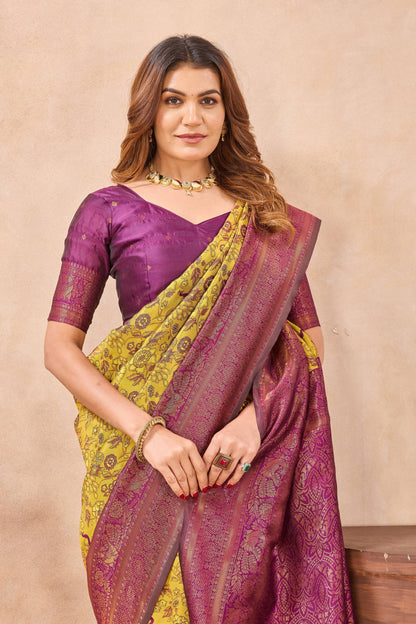 Divine International Trading Co Mustard Wine Soft Silk Blend Banarasi Jacuard Work Designer Party Wear Saree With Unstitched Blouse Piece