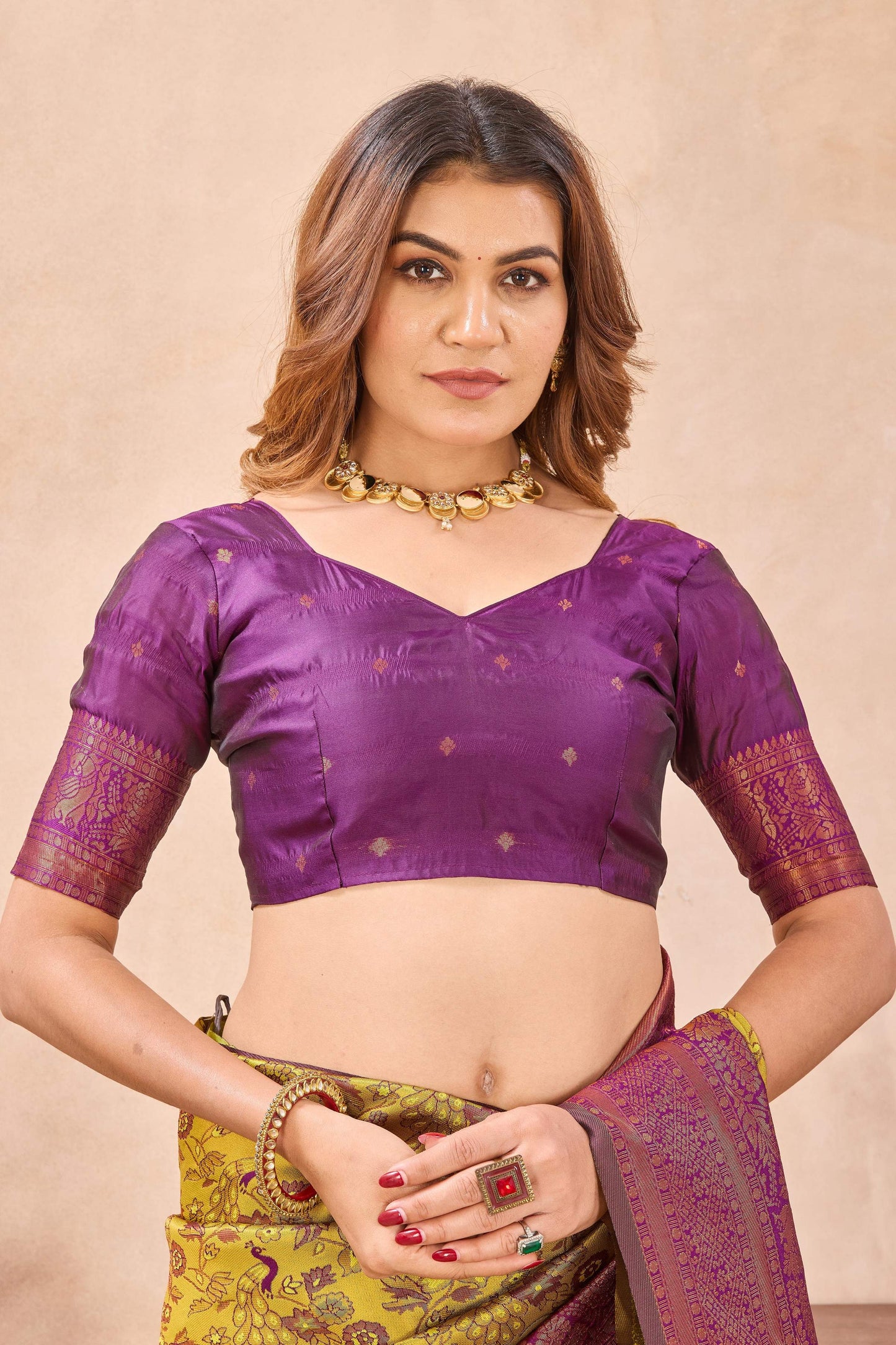 Divine International Trading Co Mustard Wine Soft Silk Blend Banarasi Jacuard Work Designer Party Wear Saree With Unstitched Blouse Piece